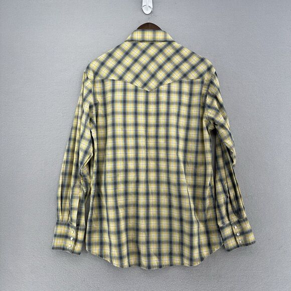 Y2K Wrangler Western Blue Yellow Plaid Pearl Snap Sleeved Shirt Mens M‎ Cowboy - Picture 2 of 8